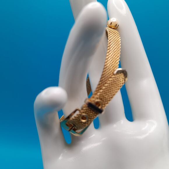 Vintage Mesh Faux Pearl Bracelet, Belt Style Buckle, Mid-Century Jewelry - Picture 2 of 14